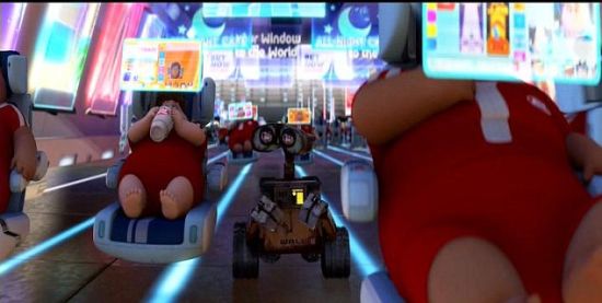 皮克斯動畫工作室拍攝的《機器人總動員》的劇照。在這部動畫片描繪的未來世界，人們因為過度依賴技術成為大胖子，失去了行走能力