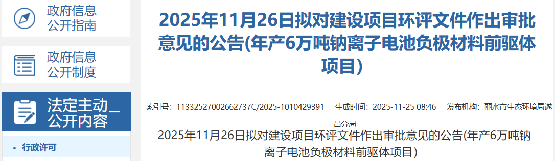 3億元！浙江麗水年產(chǎn)6萬噸鈉電池負(fù)極材料前驅(qū)體項(xiàng)目公示