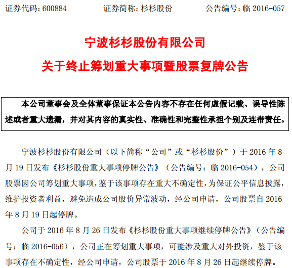 杉杉股份終止籌劃重大事項 公司股票今日復牌 杉杉股份終止籌劃重大事項 公司股票今日復牌