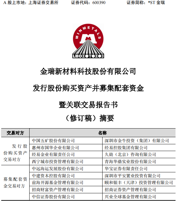 *ST金瑞擬178億收購五礦資本100%股權 重啟資產重組