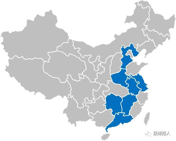 藍(lán)色圖示區(qū)為鋰電池隔膜材料規(guī)模較大省份 藍(lán)色圖示區(qū)為鋰電池隔膜材料規(guī)模較大省份