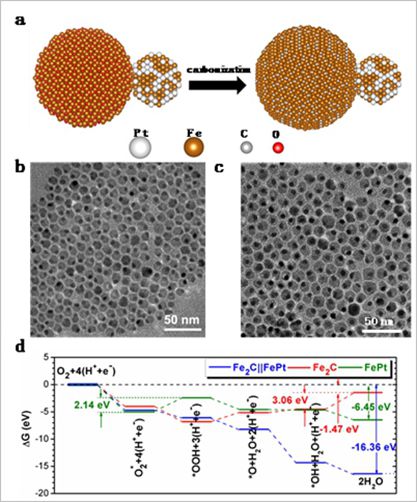圖1. a)合成示意圖;b)PtFe-Fe3O4納米粒子;c)PtFe-Fe2C納米粒子;d)DFT計算 圖1. a)合成示意圖;b)PtFe-Fe3O4納米粒子;c)PtFe-Fe2C納米粒子;d)DFT計算