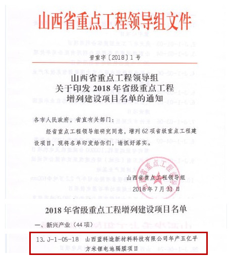 山西藍科途鋰電池隔膜項目列入2018年山西省重點工程 山西藍科途鋰電池隔膜項目列入2018年山西省重點工程