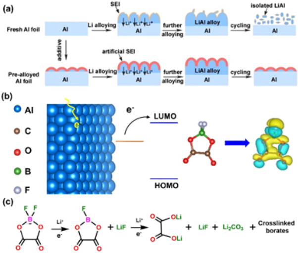 （a）通過(guò)同步預(yù)合金化以及構(gòu)筑人造SEI膜提高鋁負(fù)極循環(huán)穩(wěn)定性的機(jī)制；（b）DFOB-在鋁負(fù)極表面的還原機(jī)制以及DFOB-接受電子后的電荷差分圖；（c）DFOB-通過(guò)開(kāi)環(huán)反應(yīng)進(jìn)行還原和聚合的機(jī)制