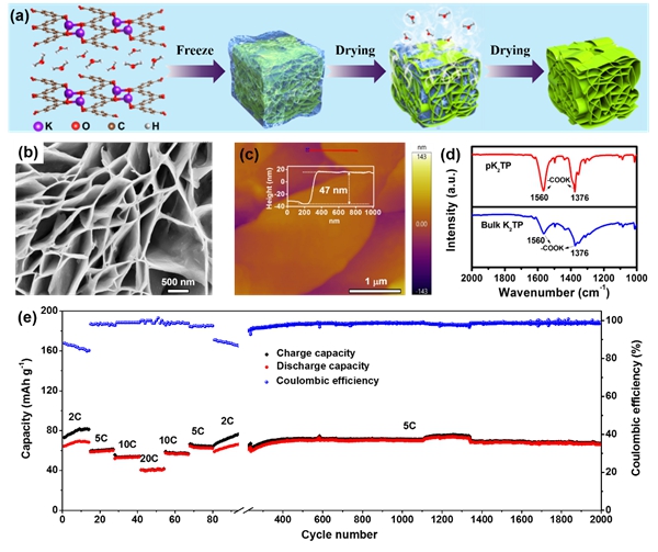 多孔有機K2TP負極的制備示意圖（a），多孔有機負極的掃描電鏡照片（b），AFM表征（c）和FT-IR譜（d）；基于多孔有機負極的K-DIBs的長循環曲線（e）