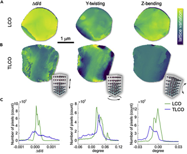  圖3. 未摻雜和Ti-Mg-Al摻雜LiCoO2顆粒內(nèi)部結(jié)構(gòu)缺陷分布對比