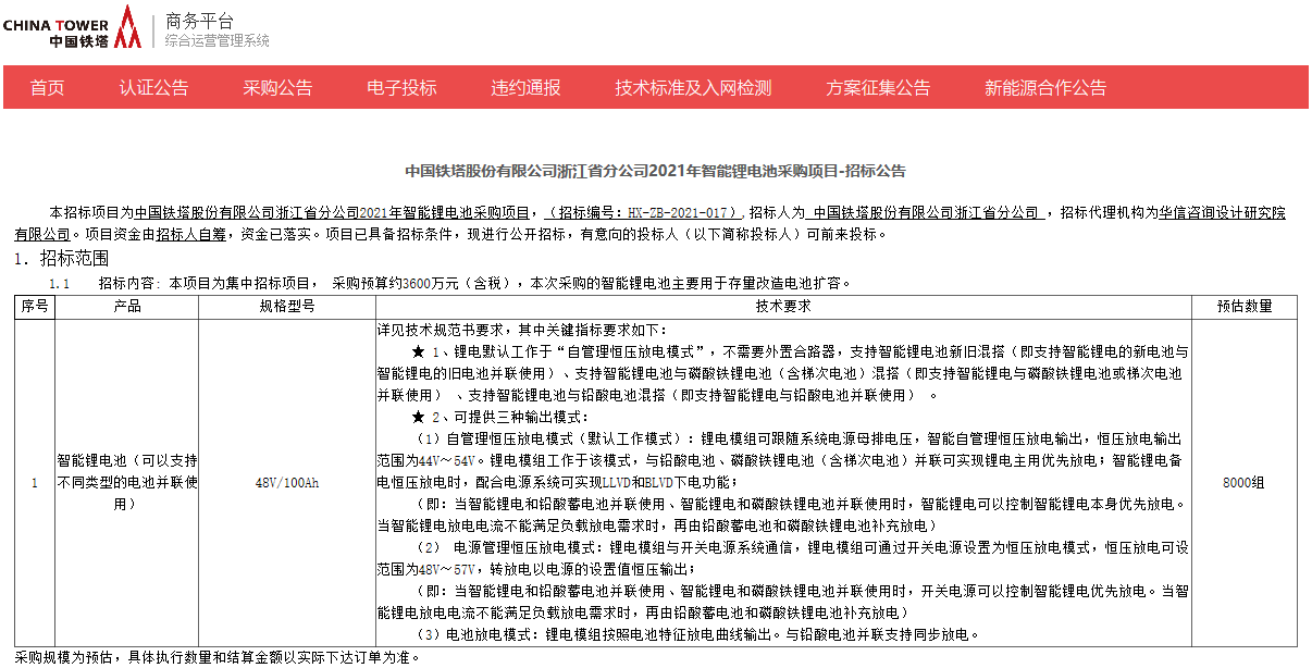 中國(guó)鐵塔浙江省分公司2021年智能鋰電池采購(gòu)項(xiàng)目