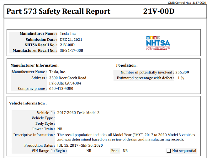 特斯拉全球大規模召回67萬臺 包括中國市場 特斯拉全球大規模召回67萬臺 包括中國市場