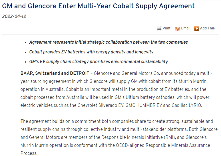 通用汽車與嘉能可達成金屬鈷長期供應協議 通用汽車與嘉能可達成金屬鈷長期供應協議
