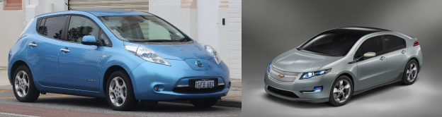 圖片：第一代純電汽車，如日產聆風（左）和雪佛蘭volt（右）