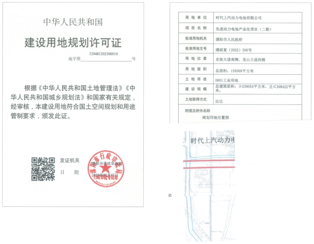 120億！時代上汽溧陽動力電池項目（二期）獲建設(shè)用地規(guī)劃許可 