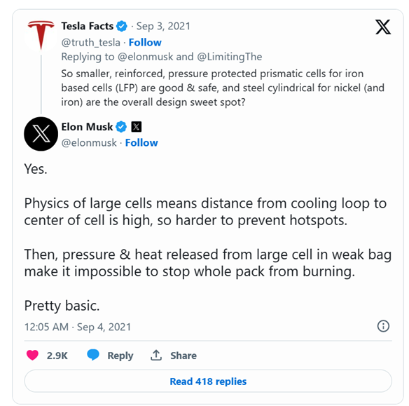 馬斯克在推特“商戰”以熱失控問題為由堅決抨擊應用大軟包單體電芯