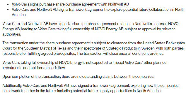 沃爾沃汽車將收購Northvolt在NOVO Energy中50%的股份