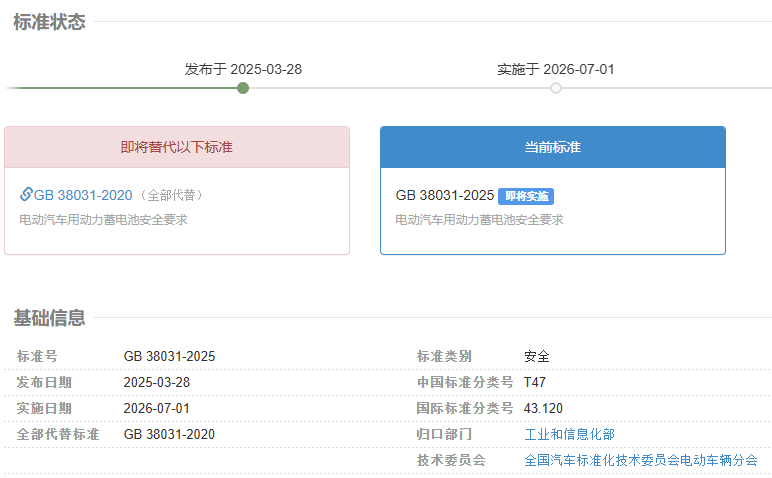 工信部正式發布GB38031-2025《電動汽車用動力蓄電池安全要求》 工信部正式發布GB38031-2025《電動汽車用動力蓄電池安全要求》